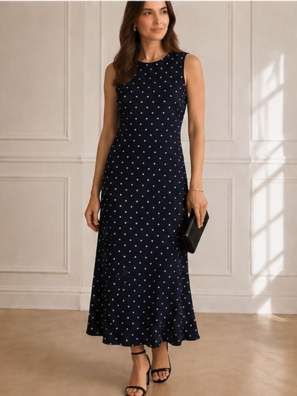 Ralph Lauren 100% Silk Polka Dot Dress 6 Navy/White Elegant - Picture 2 of 5